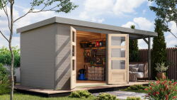 Karibu Hybrid Gartenhaus JUPITER 4 D wasserrgau / Metall graualuminium 19 mm mit Anbaudach 2,35 m - 517 x 213 cm