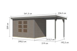 Karibu Hybrid Gartenhaus JUPITER 4 D wasserrgau / Metall graualuminium 19 mm mit Anbaudach 2,35 m - 517 x 213 cm