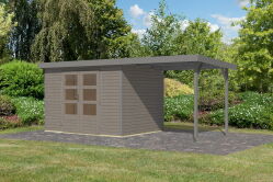 Karibu Hybrid Gartenhaus JUPITER 4 D wasserrgau / Metall graualuminium 19 mm mit Anbaudach 2,35 m - 517 x 213 cm