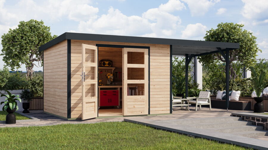 Karibu Hybrid Gartenhaus JUPITER 5 A naturbelassen / Metall anthrazit 19 mm mit Anbaudach 2,35 m - 517 x 242 cm