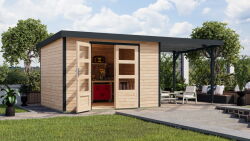 Karibu Hybrid Gartenhaus JUPITER 5 A naturbelassen / Metall anthrazit 19 mm mit Anbaudach 2,35 m - 517 x 242 cm