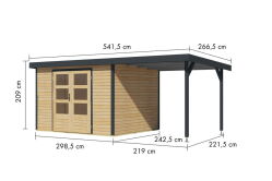 Karibu Hybrid Gartenhaus JUPITER 5 A naturbelassen / Metall anthrazit 19 mm mit Anbaudach 2,35 m - 517 x 242 cm