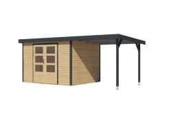 Karibu Hybrid Gartenhaus JUPITER 5 A naturbelassen / Metall anthrazit 19 mm mit Anbaudach 2,35 m - 517 x 242 cm