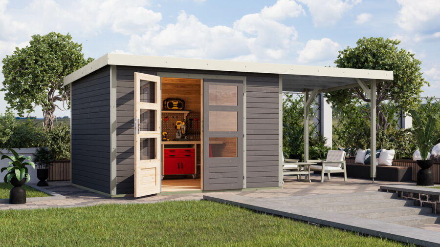Karibu Hybrid Gartenhaus JUPITER 5 B terragrau / Metall weiß 19 mm mit Anbaudach 2,35 m - 517 x 242 cm
