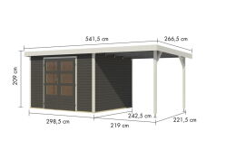 Karibu Hybrid Gartenhaus JUPITER 5 B terragrau / Metall weiß 19 mm mit Anbaudach 2,35 m - 517 x 242 cm