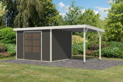 Karibu Hybrid Gartenhaus JUPITER 5 B terragrau / Metall weiß 19 mm mit Anbaudach 2,35 m - 517 x 242 cm