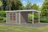Karibu Hybrid Gartenhaus JUPITER 5 D wassergrau / Metall weiß 19 mm mit Anbaudach 2,35 m - 517 x 242 cm