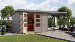 Karibu Hybrid Gartenhaus JUPITER 5 D wassergrau / Metall graualuminium 19 mm mit Anbaudach 2,35 m - 517 x 242 cm
