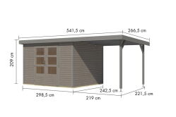 Karibu Hybrid Gartenhaus JUPITER 5 D wassergrau / Metall graualuminium 19 mm mit Anbaudach 2,35 m - 517 x 242 cm
