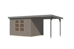 Karibu Hybrid Gartenhaus JUPITER 5 D wassergrau / Metall graualuminium 19 mm mit Anbaudach 2,35 m - 517 x 242 cm