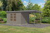 Karibu Hybrid Gartenhaus JUPITER 5 D wassergrau / Metall graualuminium 19 mm mit Anbaudach 2,35 m - 517 x 242 cm