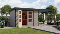 Karibu Hybrid Gartenhaus JUPITER 5 D wassergrau / Metall anthrazit 19 mm mit Anbaudach 2,35 m - 517 x 242 cm