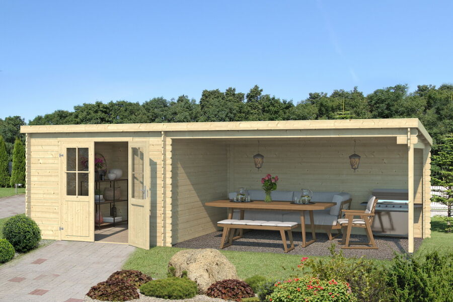 4743329248468 - Gartenhaus ST LOUIS 292x701 cm + 400 cm Schleppdach 28 mm natur   farbig