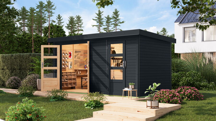 Karibu Hybrid Gartenhaus MERKUR 1 C anthrazit / Metall anthrazit 19 mm 400 x 213 cm
