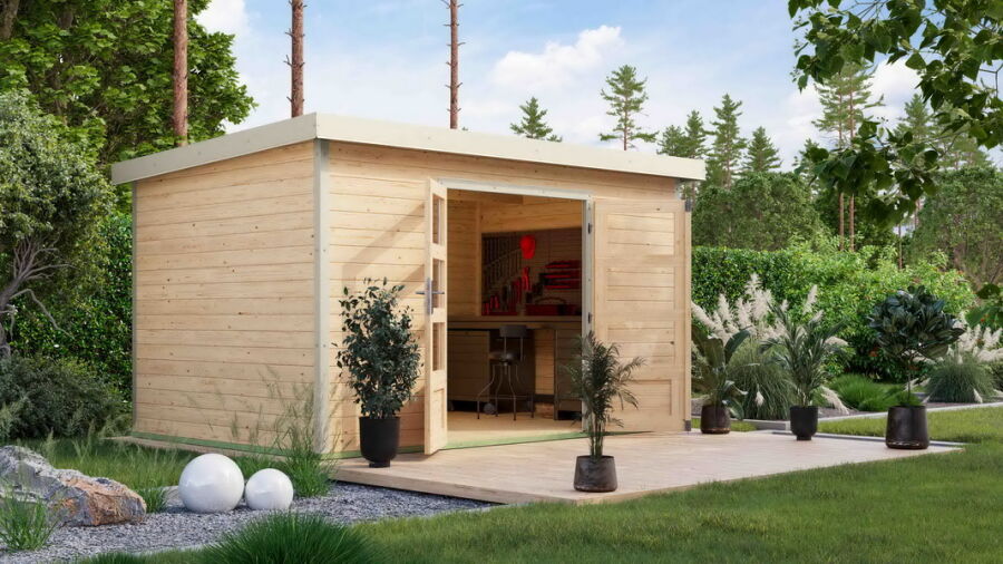 Karibu Hybrid Gartenhaus PLUTO 7 A naturbelassen / Metall weiß 28 mm 360 x 241 cm