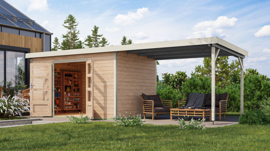 Karibu Hybrid Gartenhaus PLUTO 7 A naturbelassen / Metall weiß 28 mm mit Anbaudach 3 m 660 x 241 cm