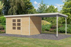 Karibu Hybrid Gartenhaus PLUTO 7 A naturbelassen / Metall weiß 28 mm mit Anbaudach 3 m 660 x 241 cm