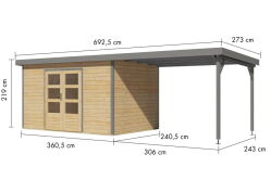 Karibu Hybrid Gartenhaus PLUTO 7 A naturbelassen / Metall graualuminium 28 mm mit Anbaudach 3 m 660 x 241 cm