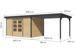 Karibu Hybrid Gartenhaus PLUTO 7 A naturbelassen / Metall anthrazit 28 mm mit Anbaudach 3 m 660 x 241 cm