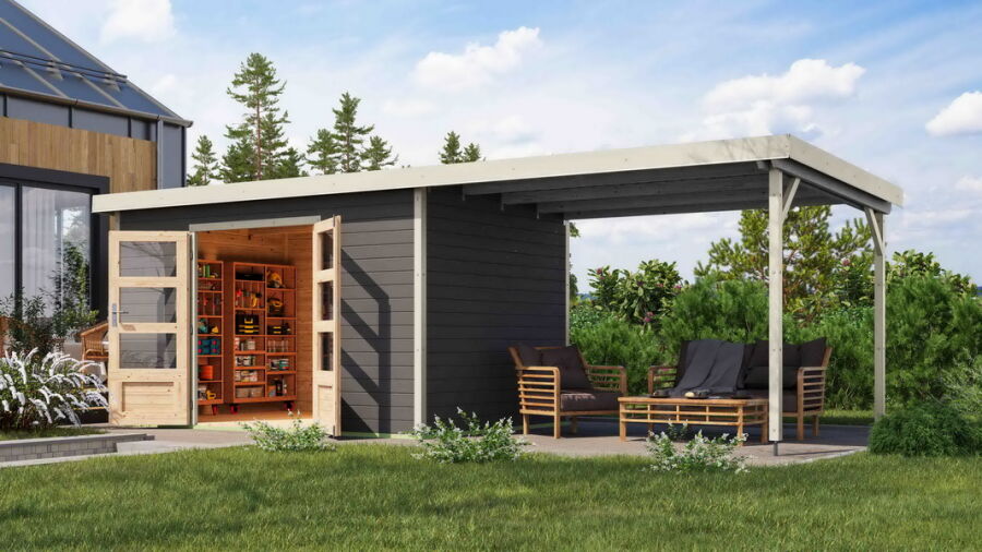 Karibu Hybrid Gartenhaus PLUTO 7 A terragrau/ Metall graualuminium 28 mm mit Anbaudach 3 m 660 x 241 cm