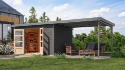 Karibu Hybrid Gartenhaus PLUTO 7 A terragrau/ Metall graualuminium 28 mm mit Anbaudach 3 m 660 x 241 cm