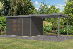 Karibu Hybrid Gartenhaus PLUTO 7 A terragrau/ Metall graualuminium 28 mm mit Anbaudach 3 m 660 x 241 cm