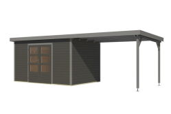 Karibu Hybrid Gartenhaus PLUTO 7 A terragrau/ Metall graualuminium 28 mm mit Anbaudach 3 m 660 x 241 cm