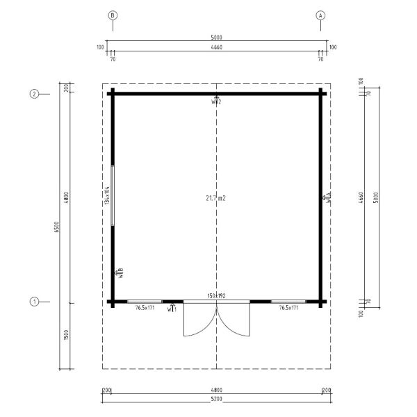 Gartenhaus AUGSBURG 4, 500x500 cm ISO (A), 70 mm Doppelnut, inkl. Boden und 150 cm Vordach