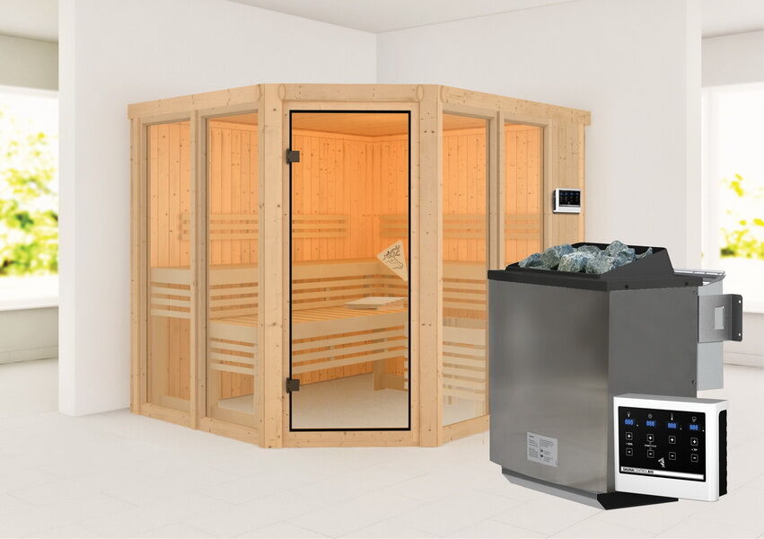 topgarden Sauna ALENA (Eckeinstieg) / kein Dachkranz / Ofen 9 kW Bio externe Strg easy