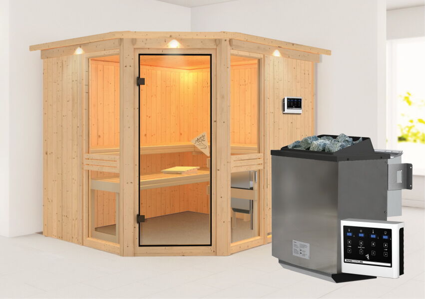topgarden Sauna AMELIE (Eckeinstieg) / mit Kranz / Ofen 9 kW Bio externe Strg easy