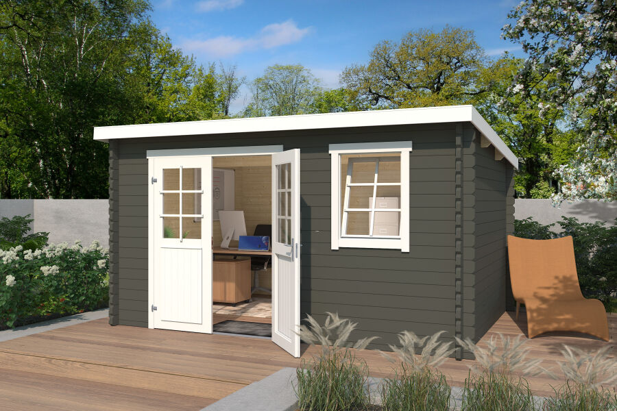 Gartenhaus AMIRA 275, 380 x 275 cm, 28 mm Blockbohlen, GRÜNGRAU lackiert