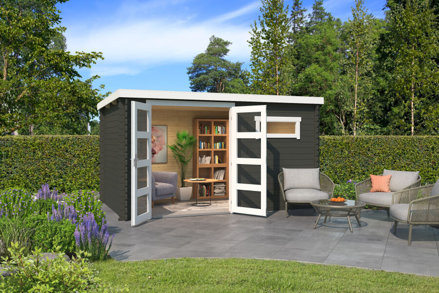 Gartenhaus AUGUSTA 400 x 250 cm, 28mm Blockbohlen, GRÜNGRAU lackiert