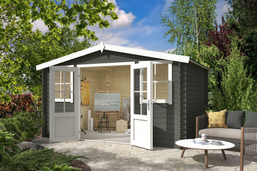 Lasita Maja Gartenhaus DALLAS, 396 x 312 cm, 28 mm Blockbohlen, GRÜNGRAU  lackiert