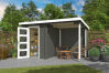 Gartenhaus JELLE PLUS, 370 x 175 cm, 28 mm Blockbohlen, GRÜNGRAU lackiert
