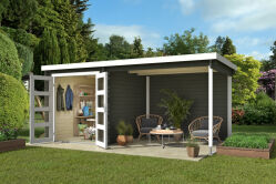 Gartenhaus LONG BEACH 492 x 250 cm, 28mm Blockbohlen, GRÜNGRAU lackiert