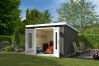 Gartenhaus SACRAMENTO, 292 x 292 cm, 28 mm Blockbohlen, GRÜNGRAU lackiert