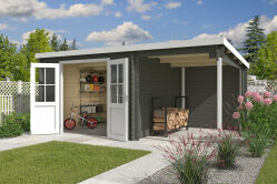 Gartenhaus TAMPA; 292x501 cm, 28mm, 200 cm Schleppdach, ohne Boden, GRÜNGRAU lackiert
