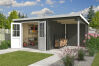 Gartenhaus TAMPA; 292x501 cm, 28mm, 200 cm Schleppdach, ohne Boden, GRÜNGRAU lackiert