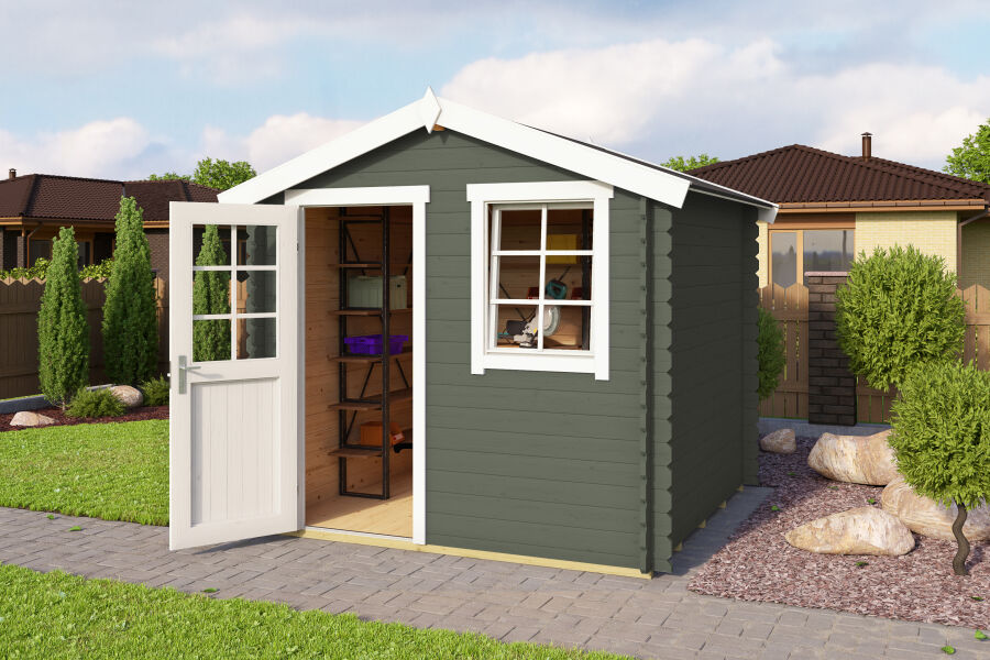 Gartenhaus WELS 2, 230 x 230 cm, 28 mm Blockbohlen, GRÜNGRAU lackiert