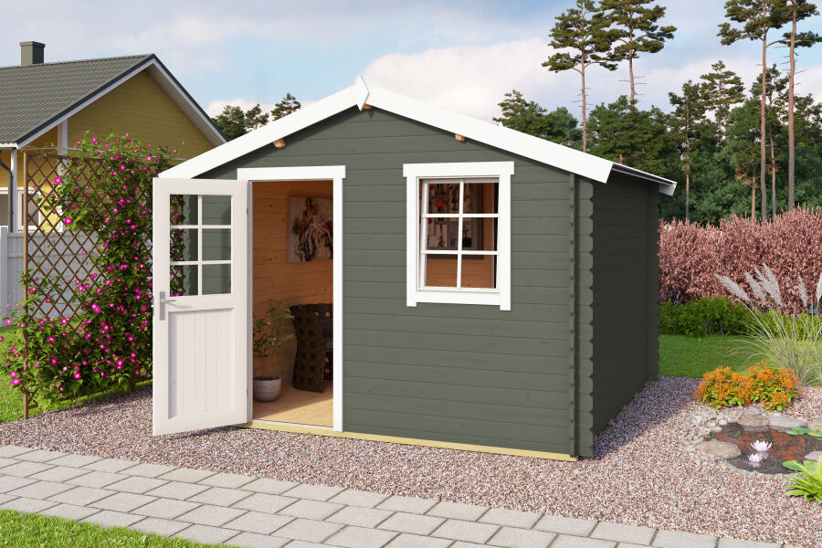 Gartenhaus WELS 3, 300 x 300 cm, 28 mm Blockbohlen, GRÜNGRAU lackiert
