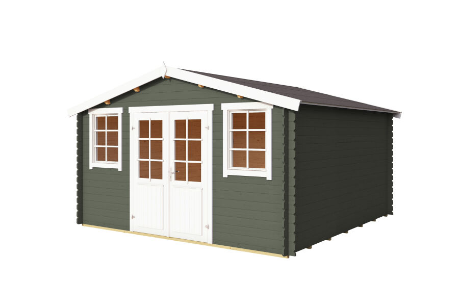 Gartenhaus WELS 4, 390 x 390 cm, 28 mm Blockbohlen, GRÜNGRAU lackiert