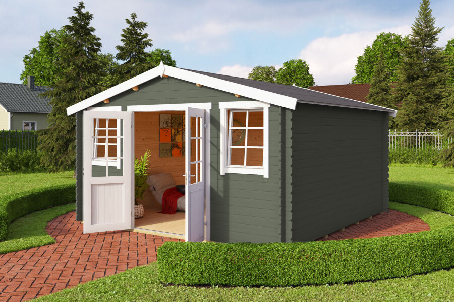Gartenhaus WELS 4, 390 x 390 cm, 28 mm Blockbohlen, GRÜNGRAU lackiert