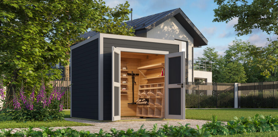 Lasita Maja Gartenhaus FYNN 1,5 - 250 x 200 cm, 28 mm + Anbau 300 cm CARBONGRAU