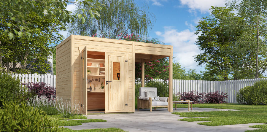 Lasita Maja Gartenhaus FELIX 1 - 200 x 200 cm, 28 mm, + Anbau 150 cm natur