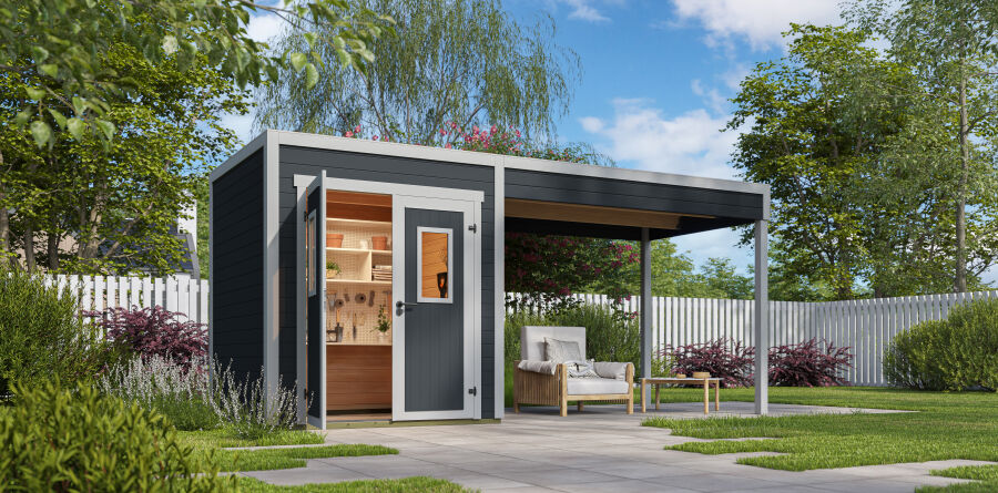 Lasita Maja Gartenhaus FELIX 1 - 200 x 200 cm, 28 mm + Anbau 300 cm CARBONGRAU