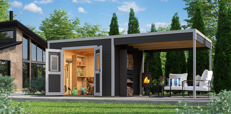 Lasita Maja Gartenhaus FELIX 3 - 300 x 300 cm, 28 mm + Anbau 300 cm CARBONGRAU