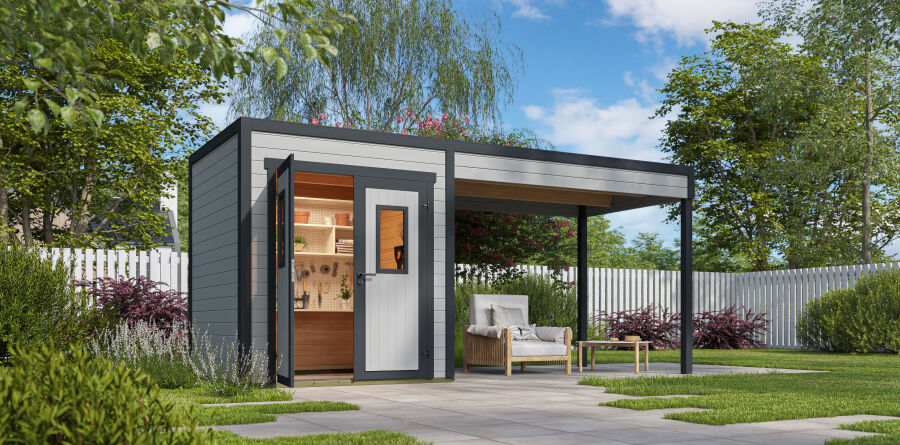 Lasita Maja Gartenhaus FYNN 1 - 200 x 200 cm, 28 mm + Anbau 300 cm LICHTGRAU