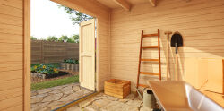 Lasita Maja Gartenhaus FYNN 1,5 - 250 x 200 cm, 28 mm, + Anbau 150 cm LICHTGRAU