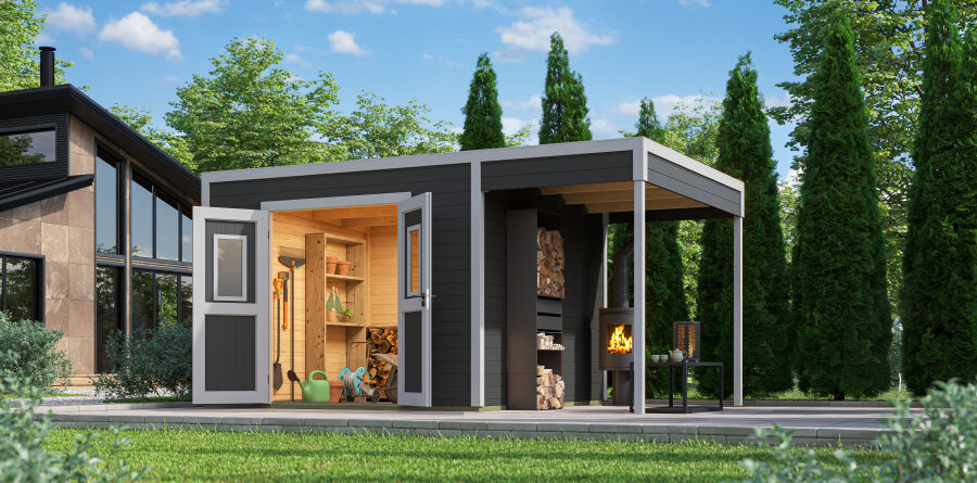Lasita Maja Gartenhaus FYNN 3 - 300 x 300 cm, 28 mm + Anbau 150 cm CARBONGRAU