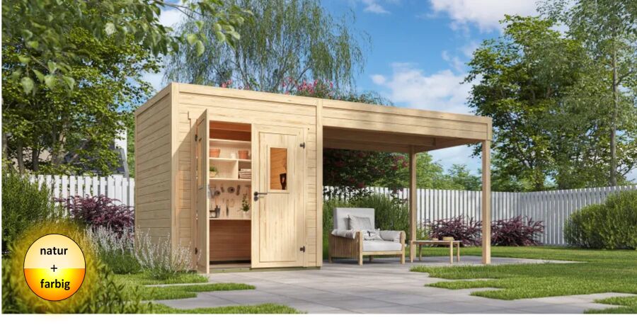 Lasita Maja Gartenhaus FELIX 1 - 200 x 200 cm, 28 mm, + Anbau 150/300 cm natur / farbig